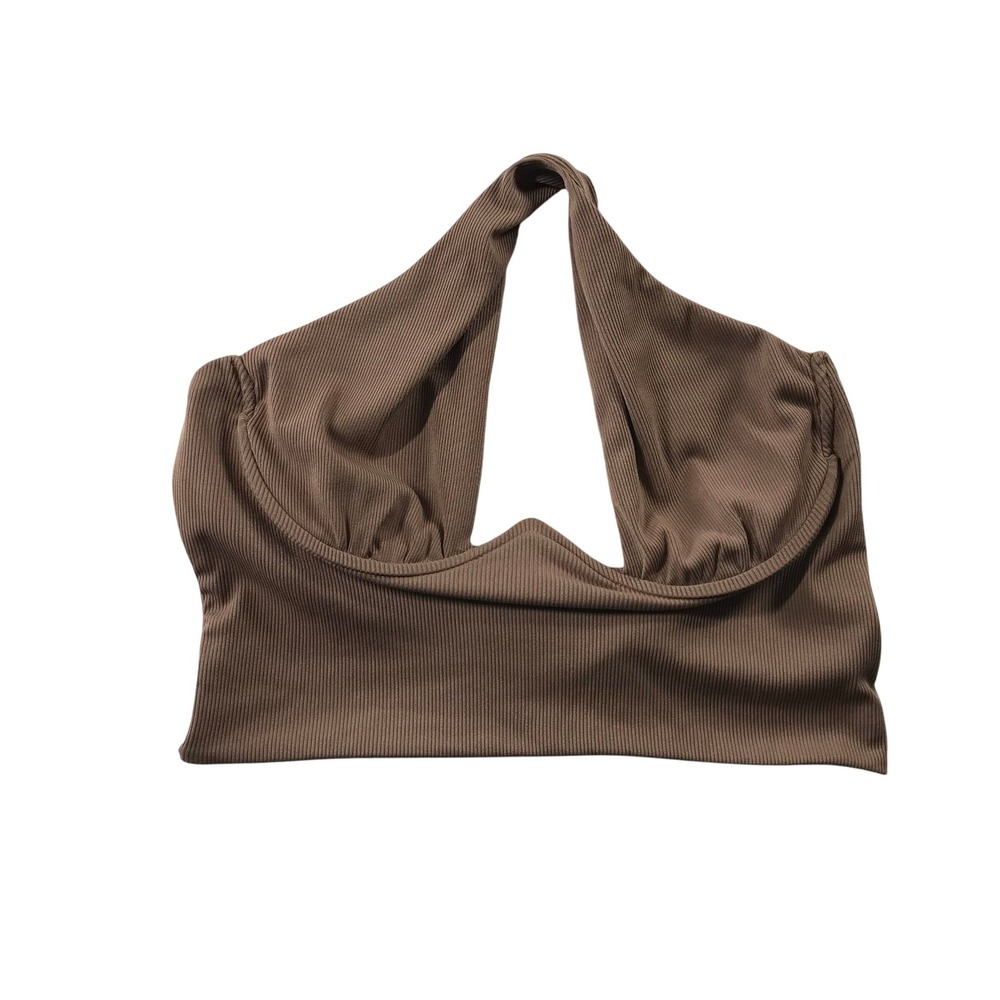 Princess Polly Tan Brown Ribbed Halter Crop Top Size 8 Underbust Seam V-Neck